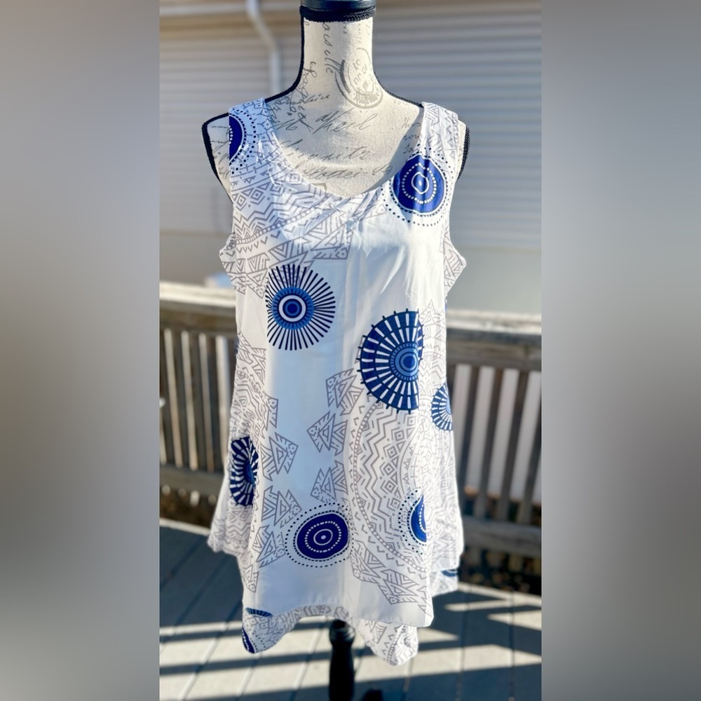Sleeveless White w/ Blue Aztec Eye Design Dress NWOT!​​​